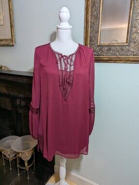 WHBM Women's Medium Burgundy Sheer Long Sleeve Long Tunic Blouse Boho Lace